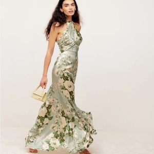Reformation silk dress in Tarragon